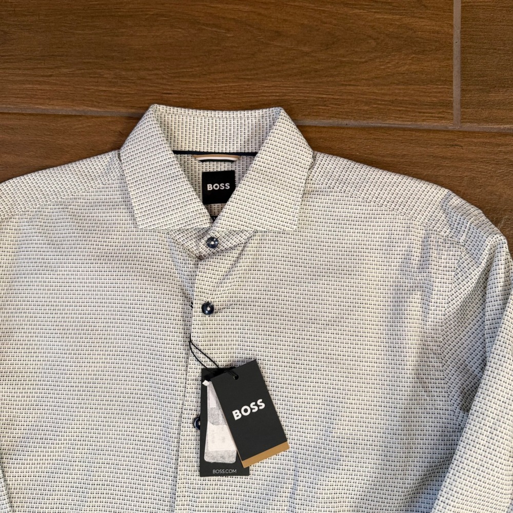 Hugo Boss Sharp Fit Mens Button Up Shirt White Geometric Micro Pattern Size S